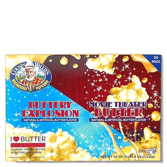 Cousin Willie's Microwave Popcorn Bags, Butter Lovers Value Pack (1 box, 20 Bags), Gourmet Popcorn Boxes for Party, Whole Grain Popcorn, Gluten Free, Low Calorie Healthy Snack, Made in USA, non-GMO
