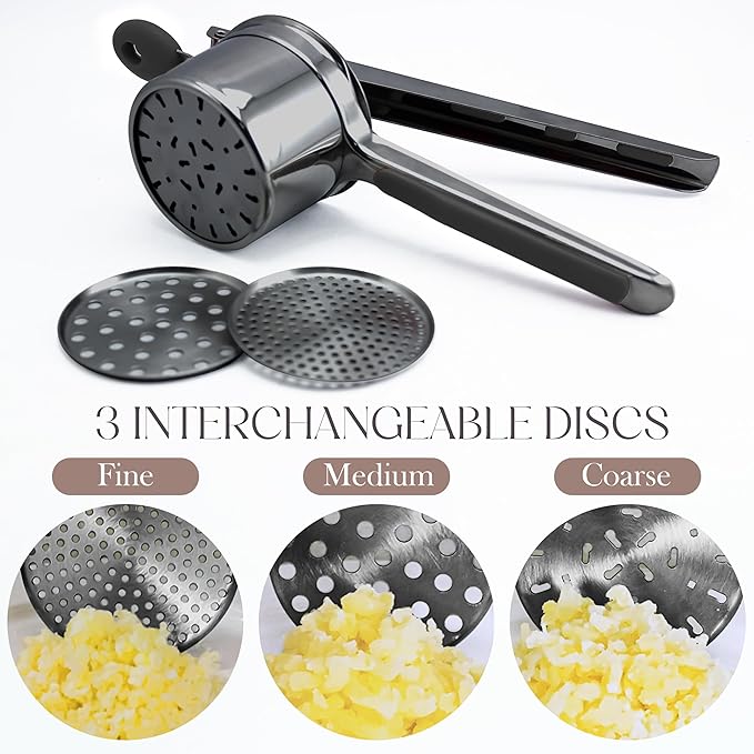 Bellemain 15 oz Large Potato Ricer | Heavy-Duty Stainless Steel Potato Ricer & Masher | Perfect for Mashed Potatoes | Ricer Kitchen Tool with 3 Interchangeable Discs (Metallic Black)