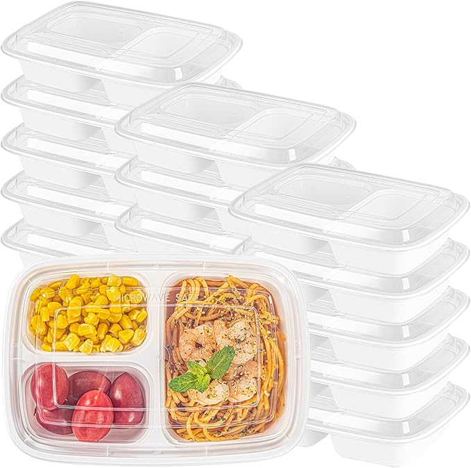 Restaurantware Asporto 26 Ounce Compartment Take Out Boxes, 100 Microwavable Meal Prep Containers - 3 Compartments, With Clear Plastic Lids, White Plastic Food Containers, Do Not Contain BPA