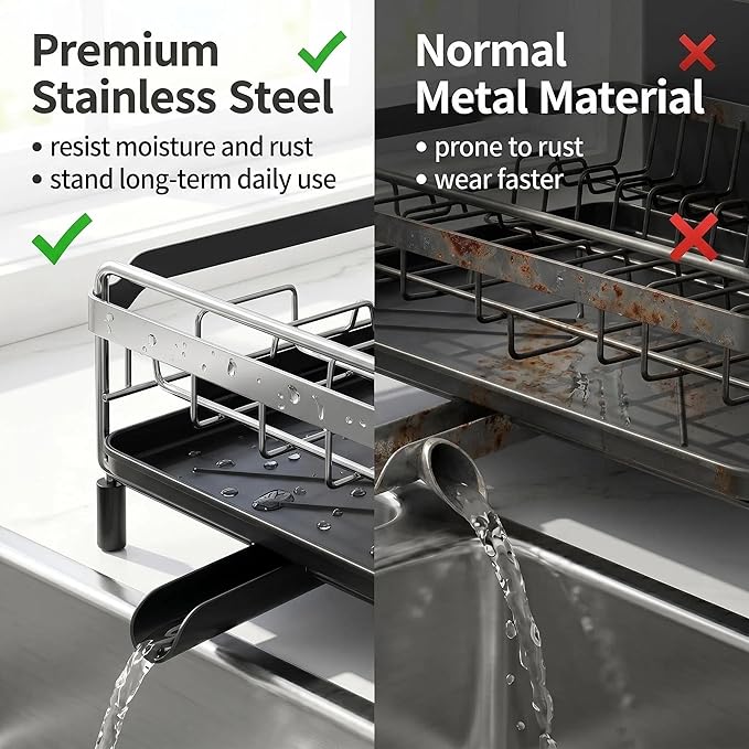 Large Extendable Dish Drying Rack with Bamboo Knife Holder, Rustproof Dish Drainer for Kitchen Counter, Adjustable 19"-27", Black