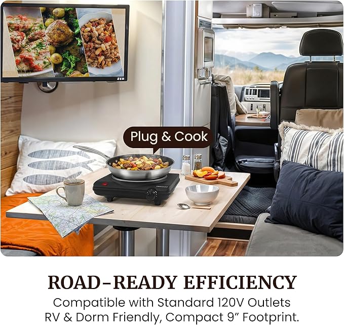 Elite Gourmet Countertop Electric Burner, 1000W Cast Iron Hot Plate, 7 Heat Settings, Portable Cooktop for RV, Dorm, Office & Small Kitchens, Road-Ready & Compact
