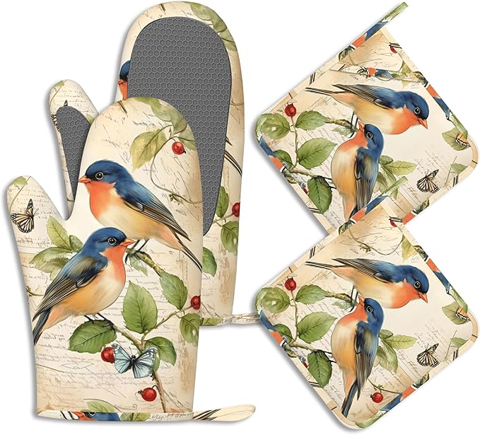 Vintage Bird Floral Potholders & Oven Mitts Sets Vermilion Bird Silicone Heat Resistant Oven Mits and Hot Pads Non-Slip Pot Holders Gloves for Kitchen Chef Cooking Baking Grilling BBQ