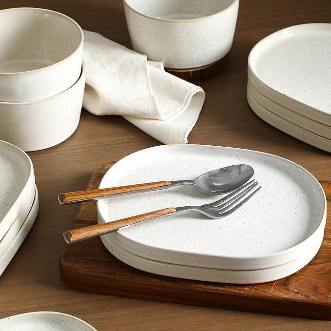 Stone Lain Cairo 12-Piece Dinnerware Set Stoneware, Plates and Bowls Set, Microwave and Dishwasher Safe, Includes Dinner and Salad Plates, Cereal Bowls, Dish for 4, White Speckled