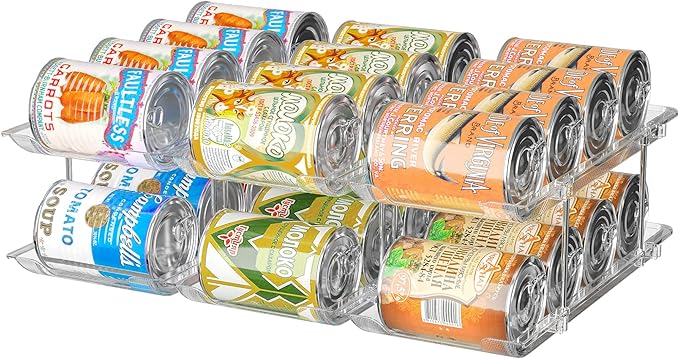 Attelite Can Organizer for Pantry, 3 Sets 2Tiers Can Storage Organizer Pantry, Soda Can Organizer for Fridge 24 Cans Rack Automatic Rolling Stackable Canned Food Organizer,Clear