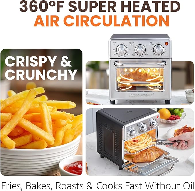 Elite Gourmet Compact 8.5Qt Air Fryer Oven – Mini Countertop Air Fryer with Adjustable Time & Temperature Controls, 800W, Includes Air Fry Basket, Bake Pan & Recipes, Stainless Steel