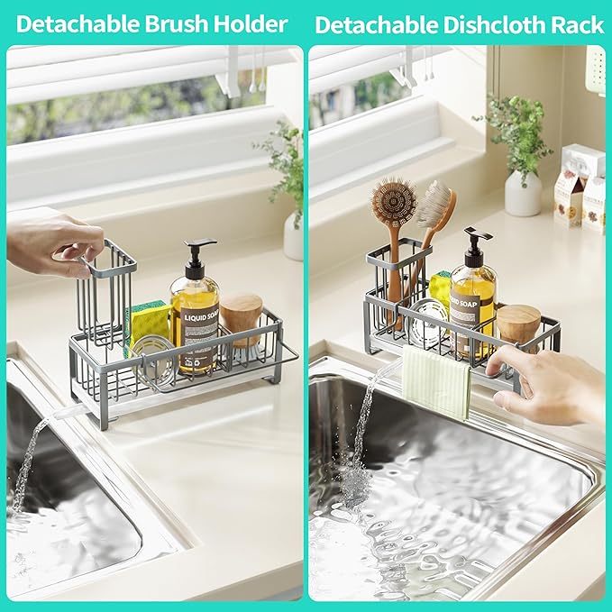 HapiRm Sponge Holder for Kitchen Sink - Self-draining Sink Caddy with Brush and Dishcloth Holders, Stainless Steel Kitchen Organizer for Countertop - Grey