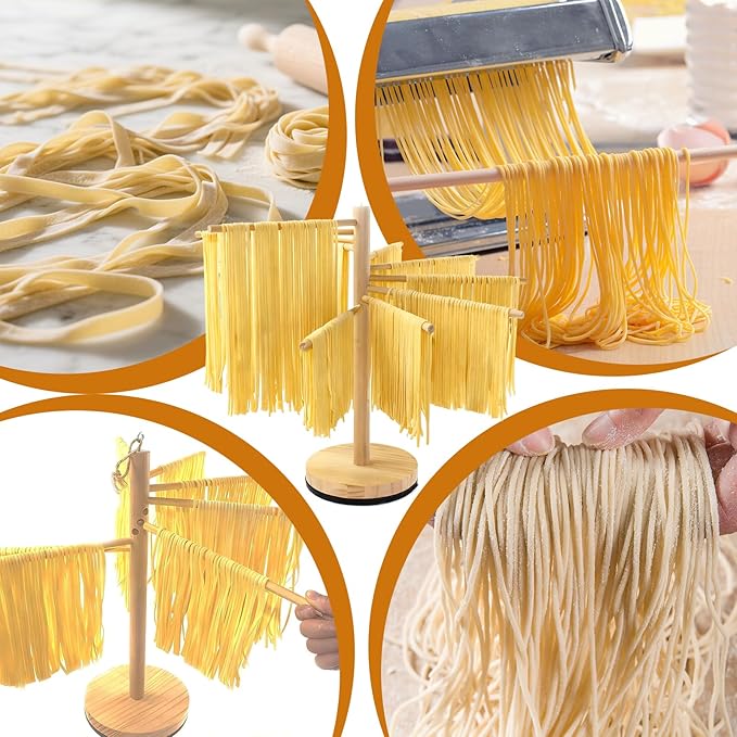 Rotary Pasta Drying Rack,Detachable Wood Pasta Rack with Pasta Molds & Stamps Ravioli with Pasta Cutter Wheel (4 pcs),Spaghetti Pasta Dryer Rack Collapsible Noodle Drying Rack Hanger Stand