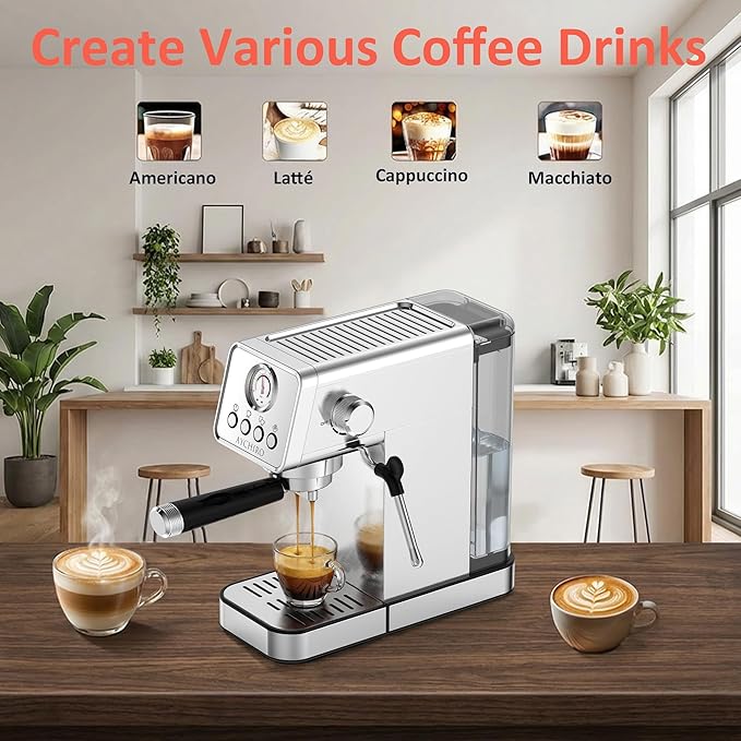 AYCHIRO 20 Bar Semi-Automatic Espresso Machine, Adjustable Espresso Machine with Pressure Gauge, Compact Espresso Maker with Steam Wand, Cup Warmer for Home & Office