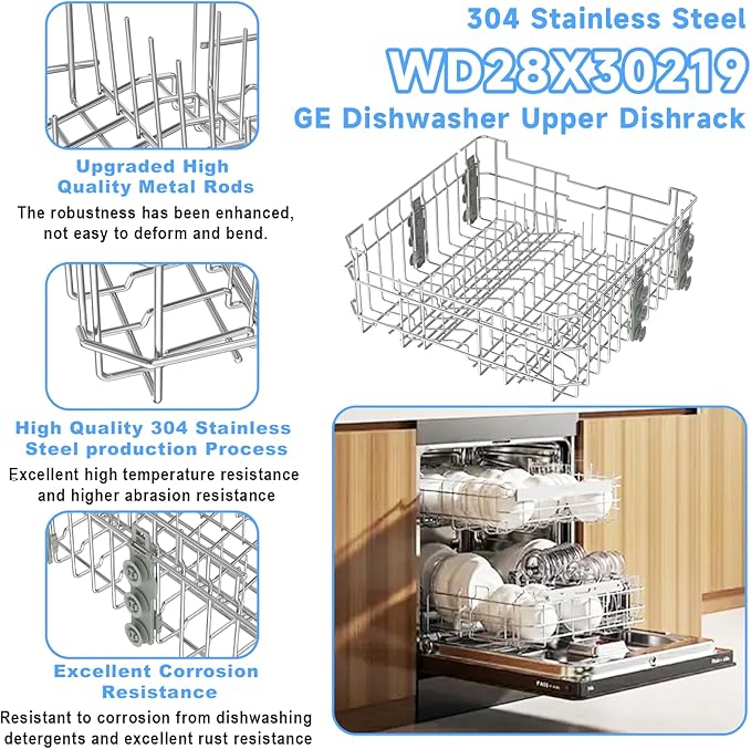 UPGRADED WD28X35779 WD28X30219 Dishwasher Upper Rack Compatible with GE Dishwasher Rack Replacement Parts with Wheel,304 Stainless Steel WD28X30219 WD28X25018 WD28X26104 GE Dishwasher Upper Rack Part