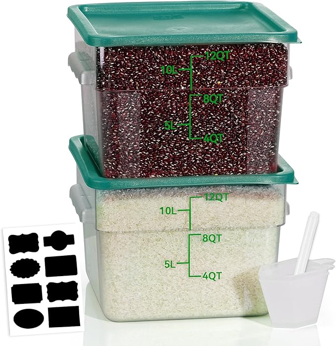 12QT NSF Food Storage Containers: 2 PCS [Food Grade][Hot&Cold Resistant] Commercial Clear Square Food Storage Containers with Scales Handles for Home Restaurant Kitchen Proof Dough(BPA FREE-GREEN N2)