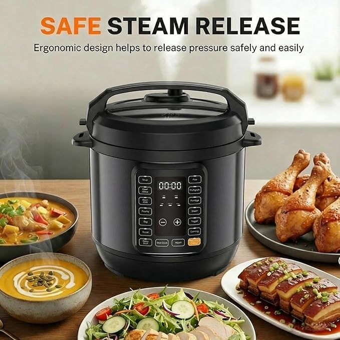 Simple Deluxe 8QT Electric Pressure Cooker, 16-in-1 & Non-Stick Stainless Steel Multi Cooker with 12 Presets for Slow Cook, Meat Stew, Steam, Sauté, Canning, Yogurt Maker, Dishwasher Safe, Black
