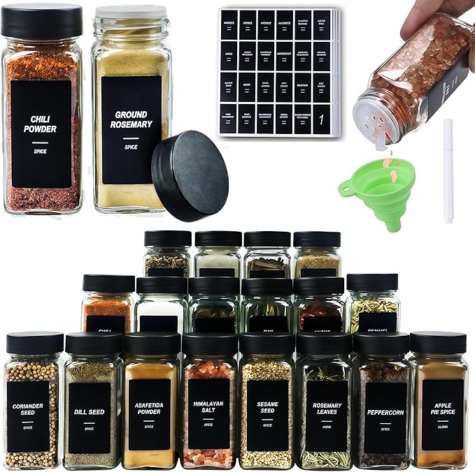 24Pcs Spice Jars Containers with Labels，4oz Black Seasoning Bottles with Shaker Lids for Rack, Cabinet, Drawer,Empty Square Condiment Pots (24, Black)