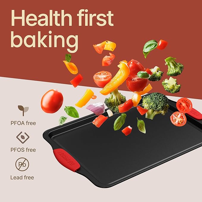 BAKKENMASTER Baking Set – 8 Piece Kitchen Oven Bakeware Set – Deluxe Non-Stick Black Coating Inside and Outside – Carbon Steel – Red Silicone Handles – PFOA PFOS and PTFE Free by Bakken