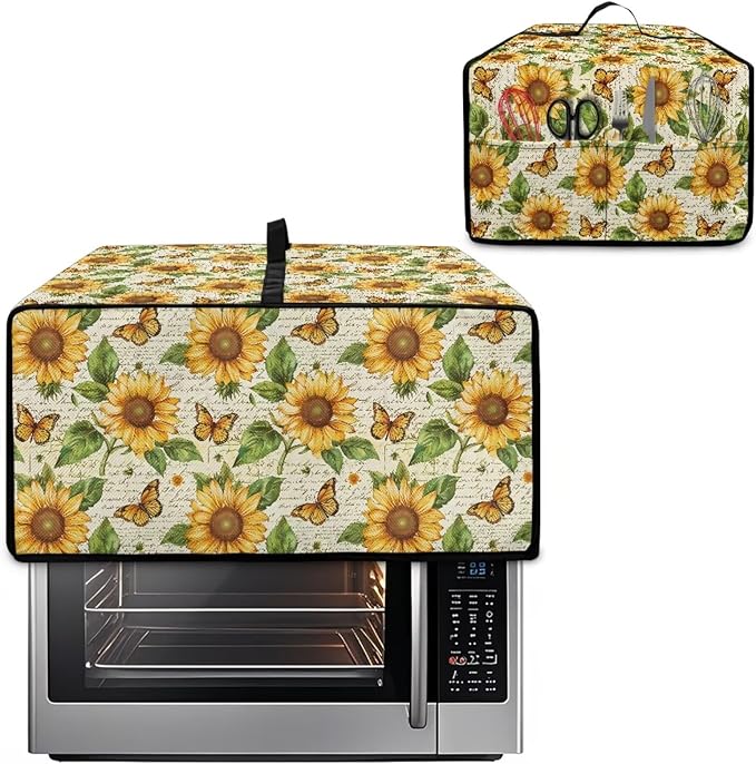 Countertop Convection Oven Cover Dust-Proof Toaster Oven Cover with Accessories Pockets, Countertop Convection Oven Protector, L, Sunflower Butterfly Retro Letter Print