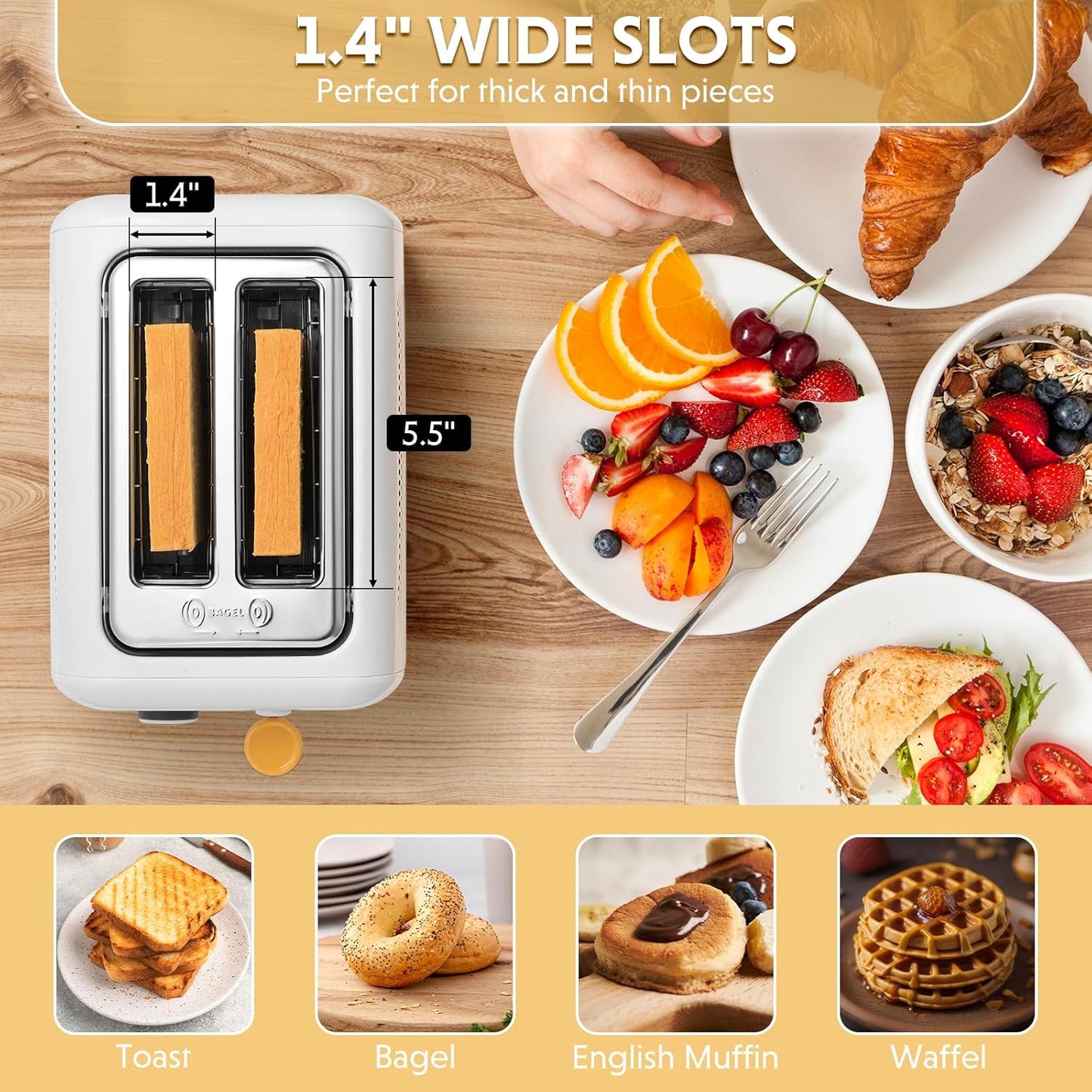 BUYDEEM DT620 2-Slice Toaster, Extra Wide Slots, Retro Stainless Steel with High Lift Lever, Bagel and Muffin Function, Removal Crumb Tray, 7-Shade Settings,Arctic White