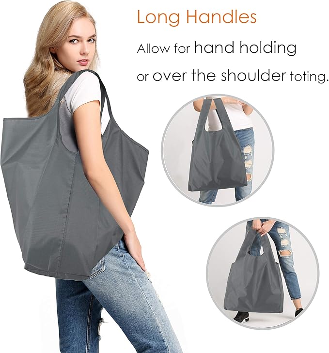 BeeGreen Grey Reusable Grocery Bags with Zipper Storage Pouch 10 Packs Gray Reusable Shopping Bags Bulk Foldable-Machine Washable