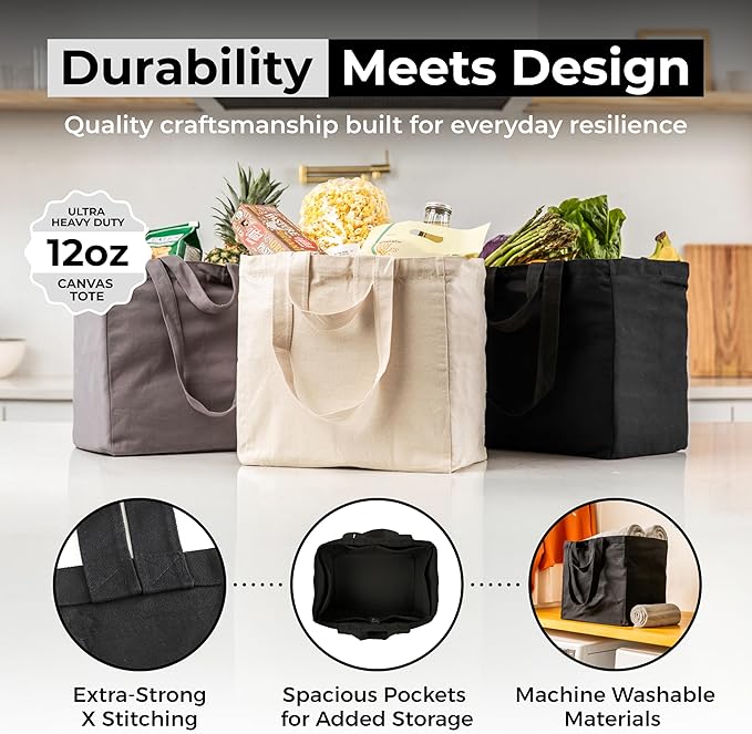 VeraMia Canvas Grocery Bag 3pc XL Set with Real Pockets, Long Shoulder Strap and Short Handle. Heavy Duty, Foldable, Washable