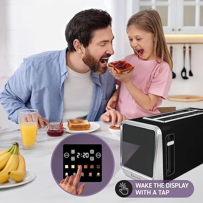 Inspirex Touch Screen Toaster - 4 Slice, 2 Extra Long Slots - 5 Bread Types and 6 Browning Levels - Defrost, Reheat, Favorite, & Single Slot Modes - For Toast, Bagels, & Waffles – Black