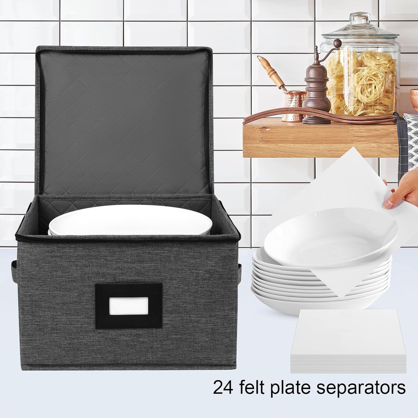 Mayniu China Storage Containers Hard Shell, 13" Charger Plates Storage Containers for Dishes, Stackable Dinnerware Storage with 24 Felt Dividers (2 Pack Black)