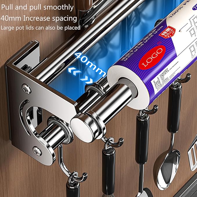 Hanging Wall Mount knife Wall Mount, Space-Saving Knife Rack with Hooks, Kitchen Organizer Storage Shelf for Utensils Spatula Spoon, Kitchen Utensil Hanger (Black, 50CM+10Hooks)