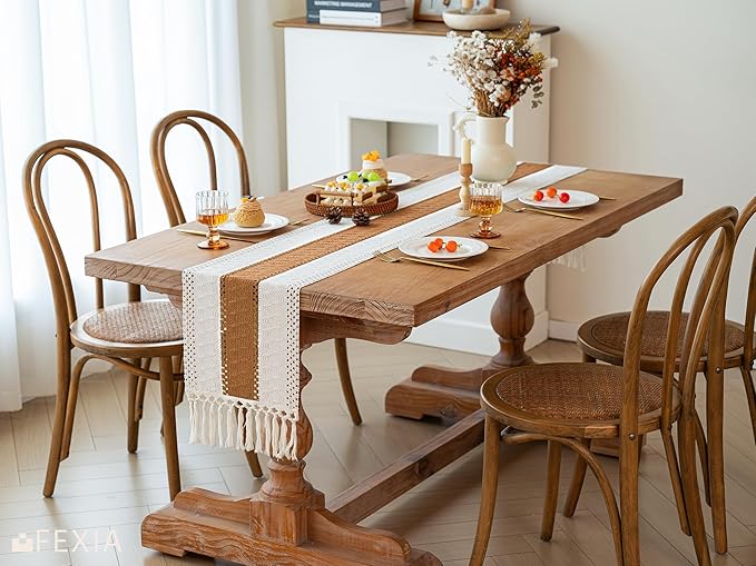 FEXIA Boho Table Runner with Tassels 12x72 Inches for Home Decor Farmhouse Rustic Macrame Hollow-Out Table Decoration for Living Room and Dining Room, Reddish Brown