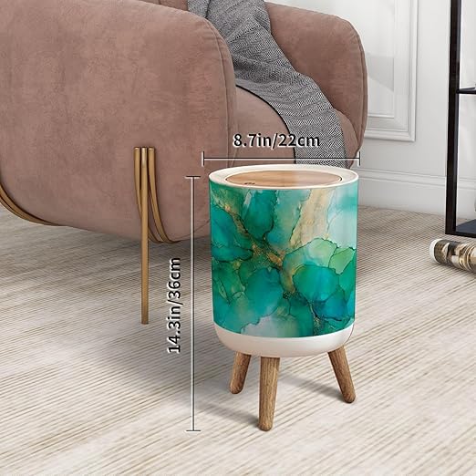 Trash Can with Lid Abstract green gold fragment colorful Mixing acrylic paints Modern art Press Top Round Small Garbage Bin with Wooden Legs Waste Basket for Kitchen Bedroom Nursery 7L/1.8 Gallon