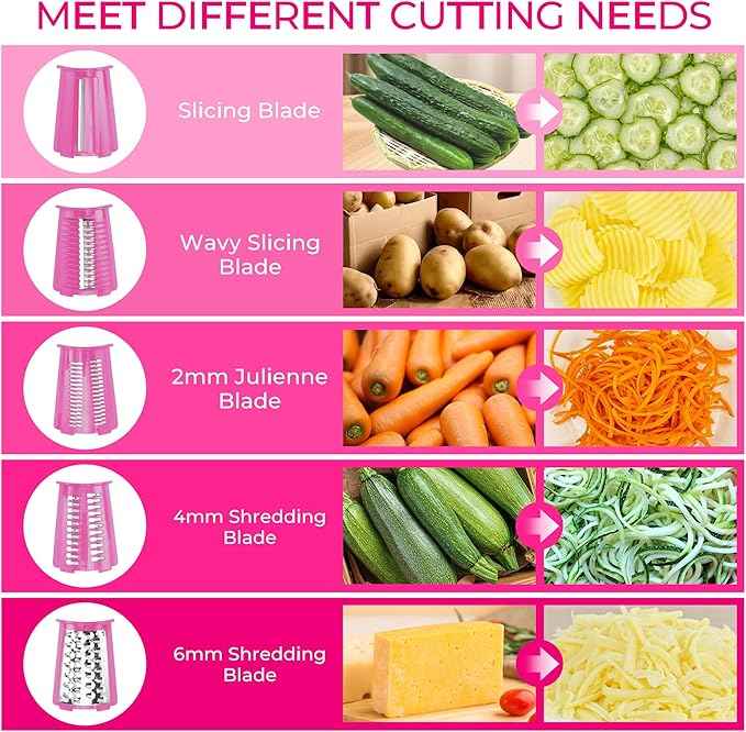 SUSTEAS Rotary Cheese Grater with Handle - Vegetable Shredder with 5 Well-designed Blades & Strong Suction Base,Round Mandoline Slicer & Food Chopper for Kitchen,with Blade Storage Box(Pink)