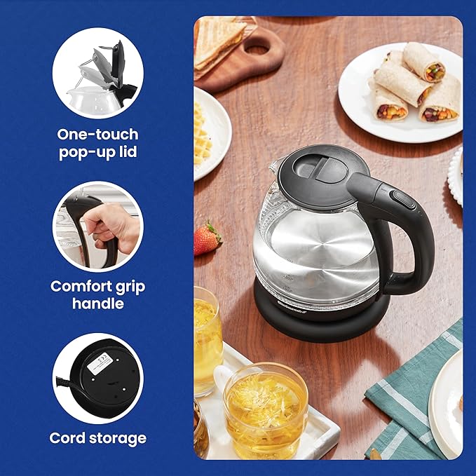 Elite Gourmet EKT1001B Electric 1.0L BPA-Free 1100W Glass Kettle Cordless 360° Base, Stylish Blue LED Interior, Handy Auto Shut-Off Function – Quickly Boil Water For Tea & More, Graphite Black