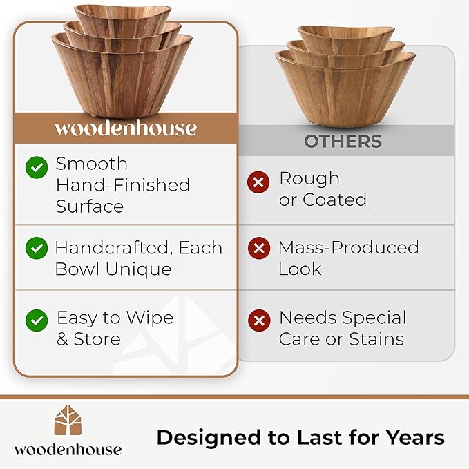 Wooden Salad Bowl Set, Salad Bowls Set of 3 - Wavy Design Salad Bowl Set for Serving, Handmade, Durable and Stylish Natural Wood Dining Accessory by Woodenhouse