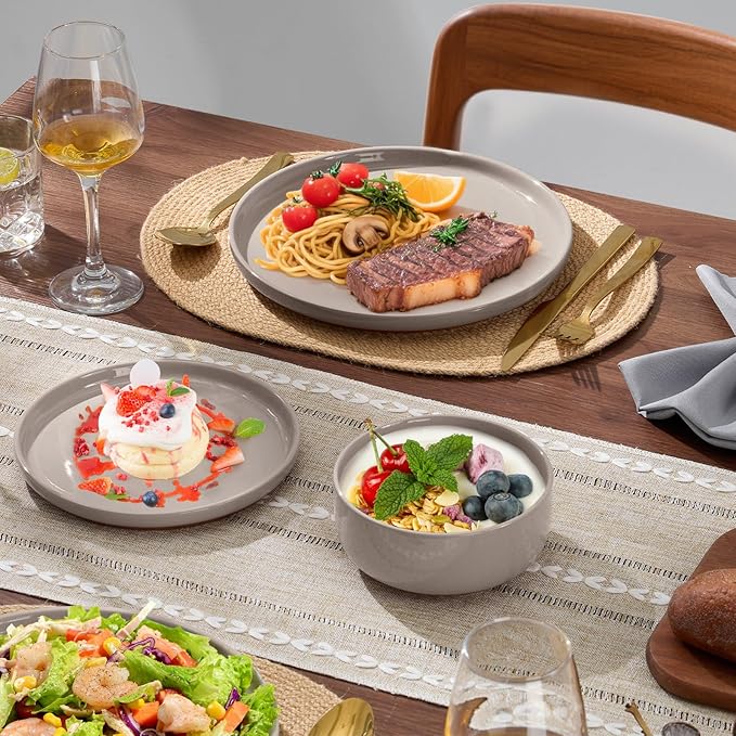 E-far 12-Piece Ceramic Dinnerware Sets, Plates and Bowls Sets for 4, Stoneware Dishware Dishes Set with Terracotta Base, Chip & Scratch Resistant, Microwave & Dishwasher Safe, Speckled Khaki