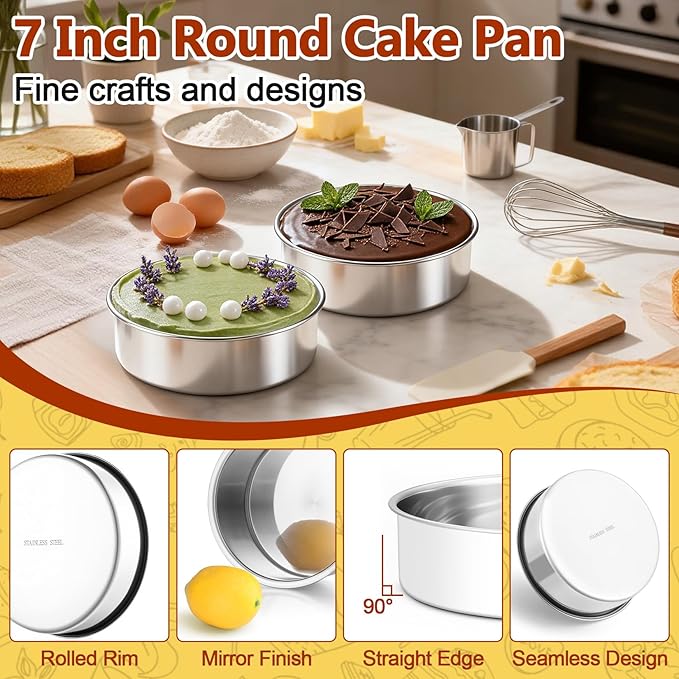 P&P CHEF 7 Inch Cake Pan Set of 2, 2 Pieces Round Layer Cake Baking Pans, Stainless Steel Smash Cake Tin Bakeware for Cooking Steaming, Nontoxic & Sturdy, Oven & Dishwasher Safe