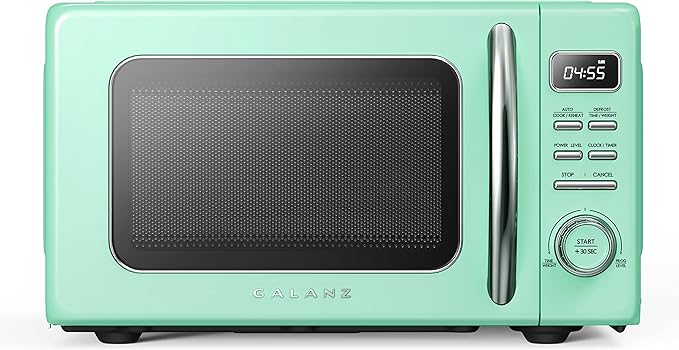 Galanz GLCMKZ11GNR10 Retro Countertop Microwave Oven with Auto Cook & Reheat, Defrost, Quick Start Functions, Easy Clean with Glass Turntable, Pull Handle, 1.1 cu ft, Green