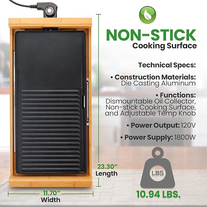 NutriChef 2 In 1 Indoor Grill & Griddle, Smokeless Nonstick Electric Grill and Griddle with Wooden Thong, 250 - 460°F Adjustable Temperature