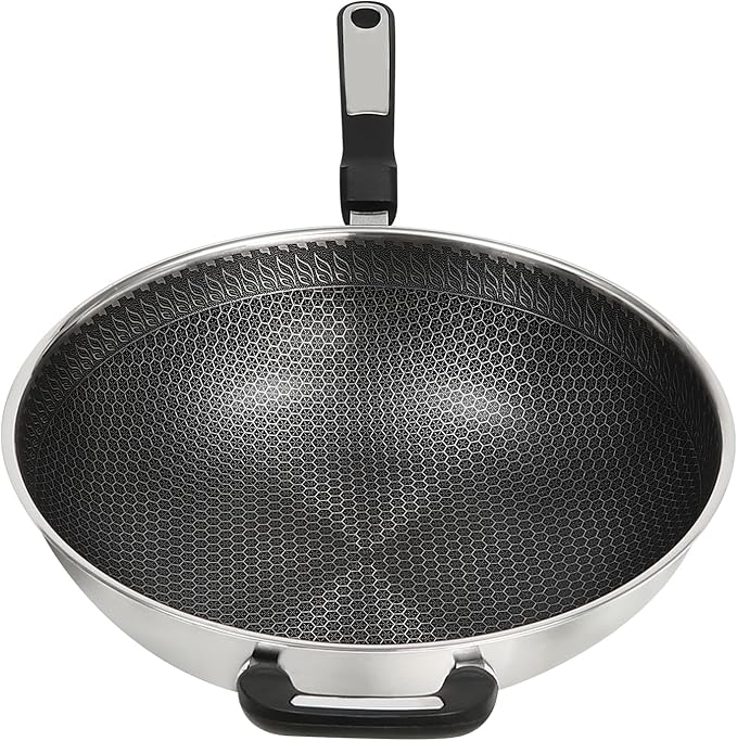 13 Inch Stainless Steel Wok Pan with Lid, Honeycomb Coating Woks & Stir-fry Pans Nonstick Wok Induction Wok Set Chinese Wok No Chemical Coated Wok for Induction, Electric, Gas, Halogen
