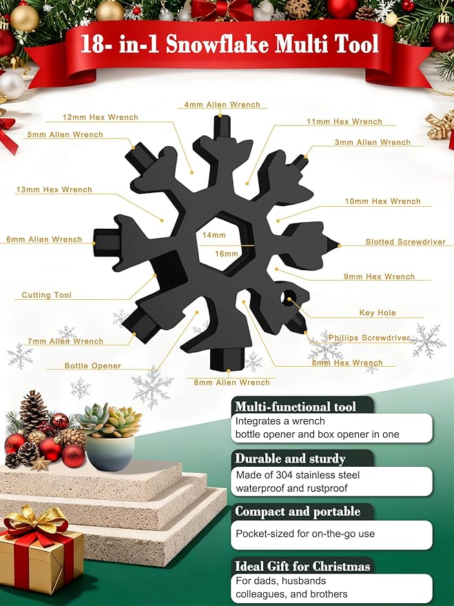 18-in-1 Snowflake Multi Tool – Stainless Steel with Bottle Opener & Wrench,Compact EDC Tool for Camping,Fishing,Hiking, Stocking Stuffers,Gifts for Men,Dad,Husband (Black)