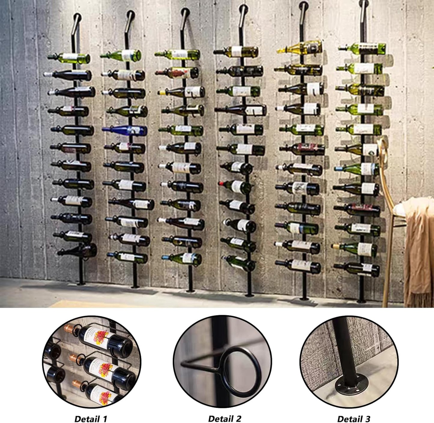 Wine Rack Wall Mounted, 72.8in High Metal Wine Bottle Holder for 12 Bottles, Kitchen Organization and Wine Storage for Commercial Restaurants Pantry Bar Wine Cellar (Gold, Three rows-36 Bottles)