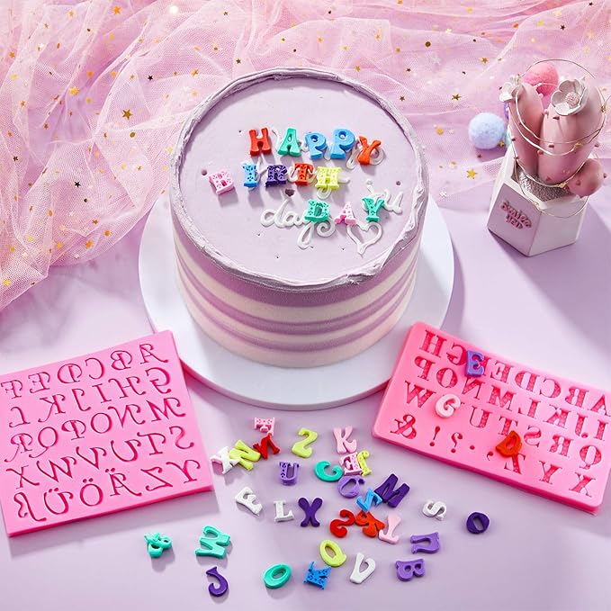 Patelai 6 Pieces Letters Silicone Mold Number Resin Mold 26 Letters and 0-9 Number Silicone Fondant Chocolate Molds for Making Candy Gummy Biscuit Ice Cube Tray Cake Decorations(Pink)
