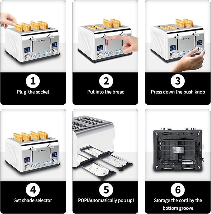 Toaster 4 Slice, KitchMix Bagel Stainless Toaster with LCD Timer, Extra Wide Slots, Dual Screen, Removal Crumb Tray (White)