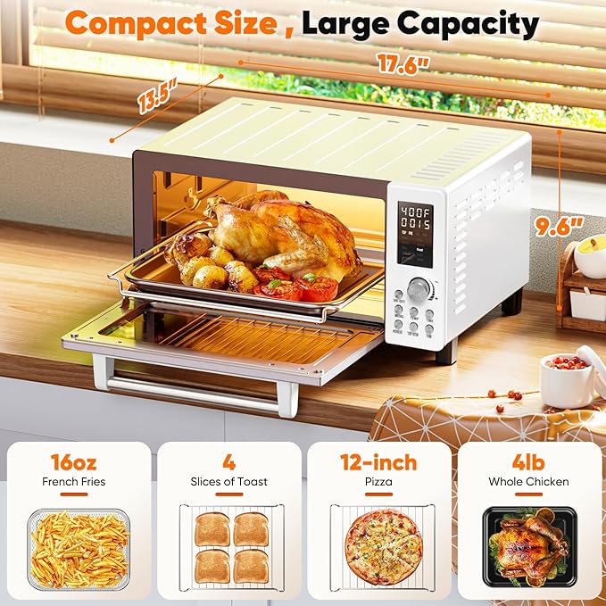 Nuwave Bravo Pro Convection Air Fryer Toaster Oven Combo, 2025 New and Improved, 10-in-1, 50°-450°F Temp Controls, Quick & Even Crisp Technology, 21Qt Capacity, Cream, PFAS Free