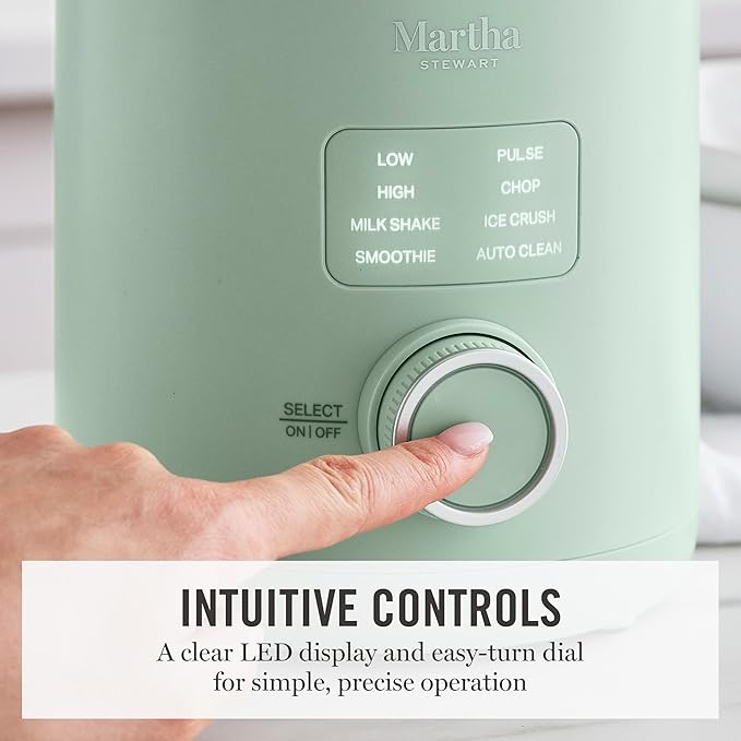 Martha Stewart 50oz Countertop Blender, Smoothie, Margarita & Ice Crushing Blender, BPA-Free Pitcher, 3 Speeds, 5 Presets, Auto-Clean Function, Dishwasher Safe, Stainless Steel Blades, Honeydew Green