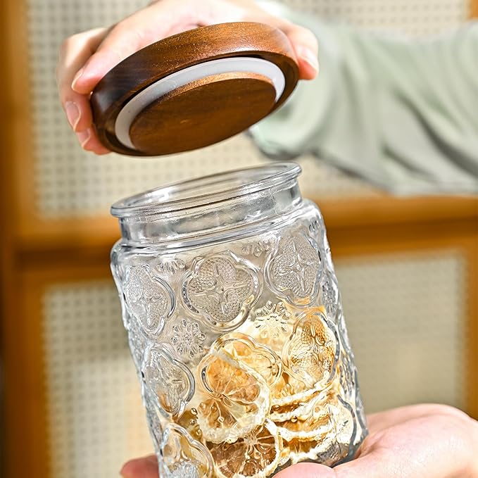 Adodeen 24oz Vintage Glass Canister With Lid Small Glass Jars Wide Mouth Mason Jars Airtight Coffee Canisters Kitchen Storage Containers For Sugar Tea Spice Flour Candy Cookie Cereal Cute Decorative