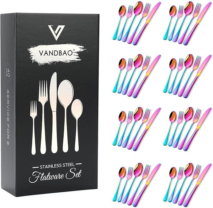 Rainbow Silverware Set Flatware Cutlery - 40 Pieces Stainless Steel Colorful Utensils, Tableware Set Service for 8, Include Knife/Fork/Spoon, Reusable, Mirror Polished, Dishwasher Safe