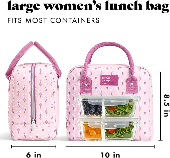 Fit & Fresh Bloomington Lunch Bag for Women - Insulated Large Lunch Box for Work with Containers, Leak-Resistant, Stain-Resistant, Zipper Closure, Tiny Pink Flowers