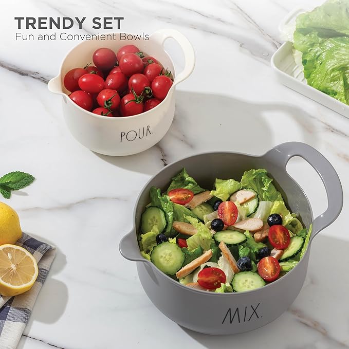 Rae Dunn Non-Slip Mixing Bowls - 4 Piece Nesting Plastic Mixing Bowl Set with Pour Spouts and Handles-Measurement Markings (Grey)