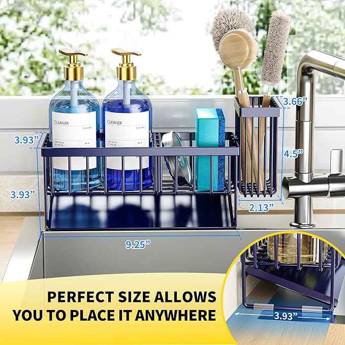 Cisily Navy Blue Sink Caddy Organzier with High Brush Holder, Sponge Holder for Sink, 304 Rustproof Stainless, Kitchen Countertop Soap Dispenser Organizer, Gray Blue Kitchen Decor and Accessories