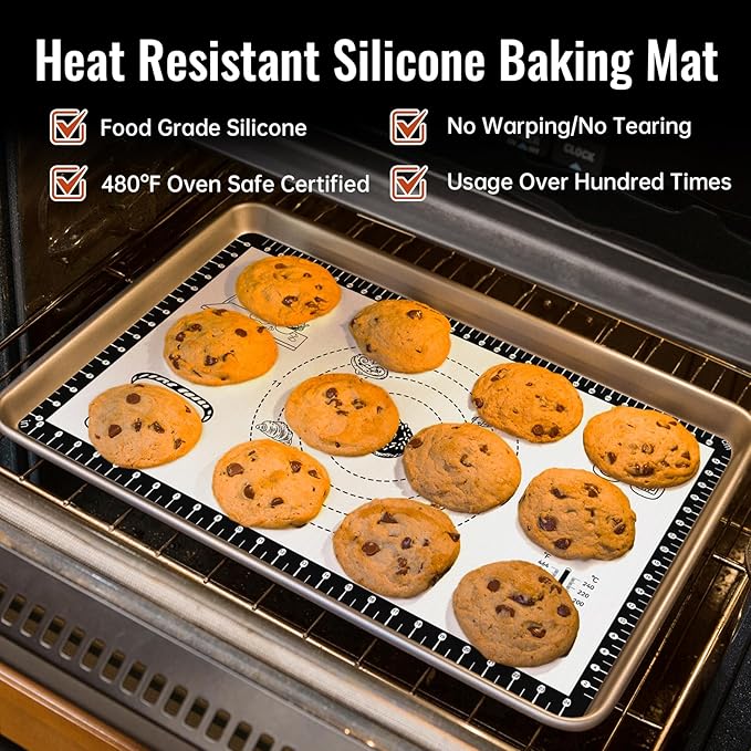 Silicone Baking Mat with 10 Recipes, Extra Thick Silicone Mats for Baking, Non Stick Pastry Mat,Reusable kneading Dough Rolling Mat for Cookie, Macaron, Bread, Pizza Black 26X16 INCH