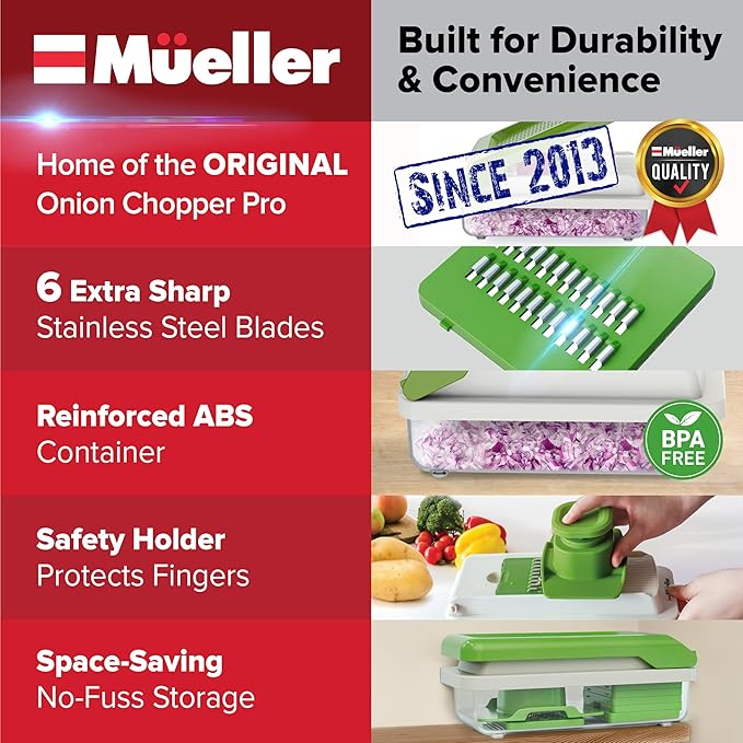 Mueller Vegetable Chopper, Mandoline Slicer, Food Veggie Chopper, Cheese Grater, Onion Vegetable Cutter with Container, Dicer, Kitchen Gadgets & Essentials, White Sand/Green