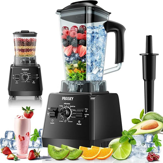 Blenders for Kitchen, Smoothie Blender, 2400W/1000W Prasky Blender & Grinder Combo, 25,000 RPM High Speed, 68oz BPA-Free Food Processor, Countertop Blender for Smoothies, Shakes & Food (Black, 2L)