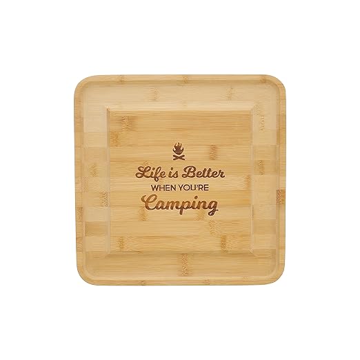 Pavilion - Life Is Better When You’re Camping - Square Cheese Board & Knife Set with Hidden Drawer, Charcuterie Board, Bread Board, 1 Count - Pack of 5, 13 x 13 x 1.25-Inches
