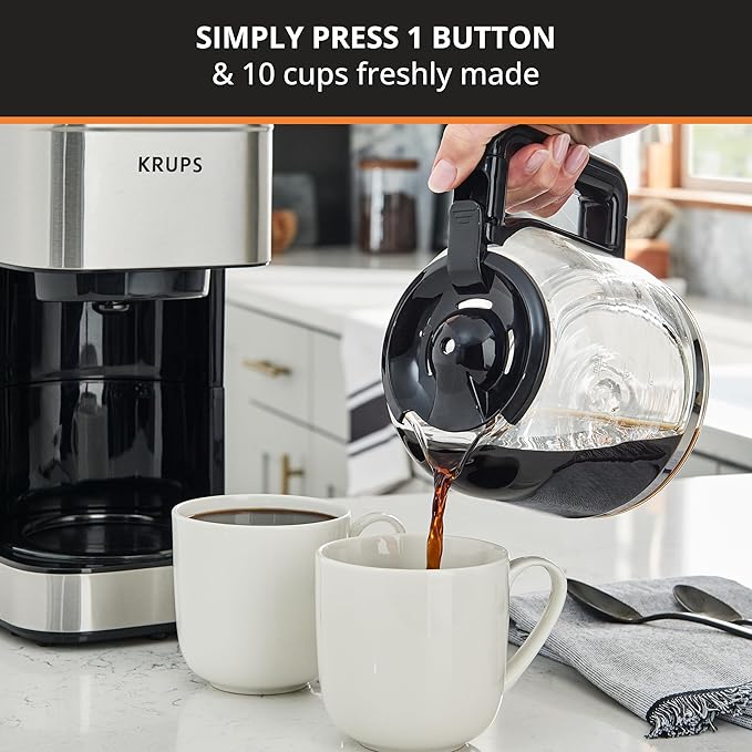 KRUPS Coffee Maker 10 Cups Simply Brew Stainless Steel Drip Coffee Maker,900 Watts-Coffee Filter,Drip Free,Dishwasher Safe Pot,Black & Silver,(Pack of 2)